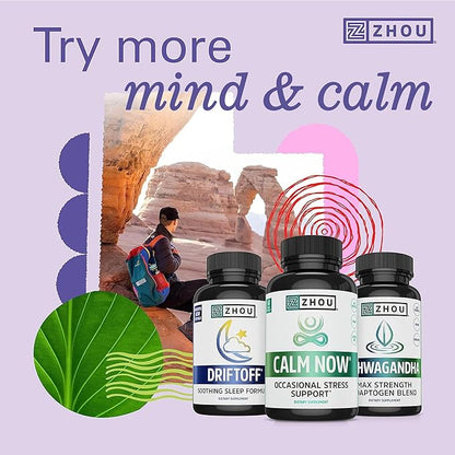 Zhou Calm Now - Calm Supplement, Calm Vitamins for Women & Men, Pills to Relax for Adults with GABA & Ashwagandha, Stress & Focus Support - 60 Veggie Capsules