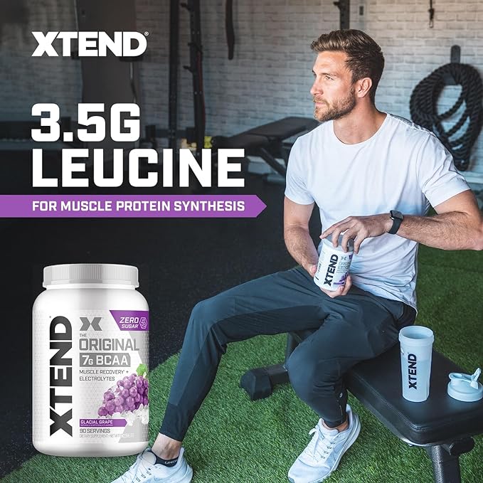 Xtend Original BCAA Powder, 7g BCAAs and 2.5g L-Glutamine for Muscle Recovery Hydration and Lean Muscle, Sugar Free Intra and Post Workout Drink with Electrolytes, Glacial Grape, 90 Servings