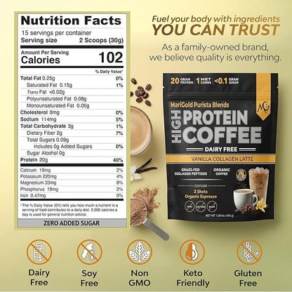 MariGold High Protein Collagen Coffee - Vanilla Collagen Latte, Dairy Free, 20g Grass-Fed Type I & III Collagen Peptides, Energy Boost, 2 Shots Organic Espresso, Non-GMO, 1 Lb Bag, 15 Servings