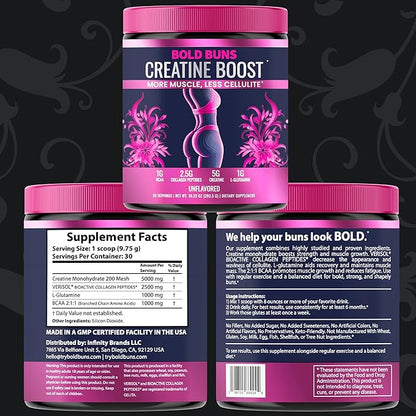 Creatine for Women – Booty Builder Supplement with Collagen & BCAA – Supports Muscle Development, Post-Workout Recovery, Skin Elasticity, Healthy Hair & Nail | Unflavored – 30 Servings