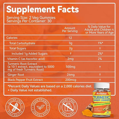 Turmeric Curcumin Gummies 500mg, with Turmeric Root Extract, Ginger Root, Black Pepper Extract, Antioxidant Support, Orange Flavor Gummies, 60 Count (Pack of 2)
