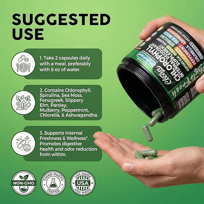 Clean Nutra Chlorophyll Capsules Supplement Internal Deodorant Peppermint, Sea Moss, Parsley, Chlorella, Spirulina, Slippery Elm, Ashwagandha, PhytoFresh Greens Detox Pills