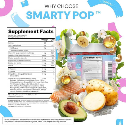 Clean Nutra Kids Focus Gummies with L-Theanine, Ginkgo Biloba, Omega-3 Fish Oil, L-Tyrosine, Vitamin B6, B12 – 60 Count, Clean Label, Non-GMO, Vegan-Friendly SmartyPop Formula for Kids Support