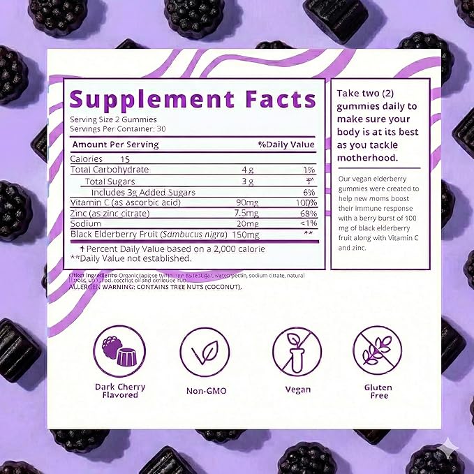 Baby Blues Berry Boost for Moms, Immunity Elderberry Gummies Immune Support Supplement with Vitamin C and Zinc for Adults, Non-GMO Immune System Vitamins Booster Vegan Gluten Free Gummies, 60pcs