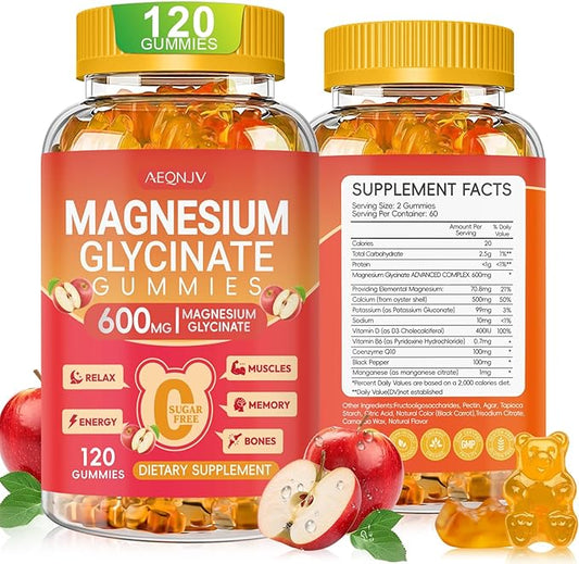 Magnesium Glycinate Gummies 600mg High Absorption, Magnesium Glycinate for Women and Men with Vitamin D, B6, and CoQ10 for Adults & Kids, Magnesium Supplement for Calm Support & Sleep, 120 Count