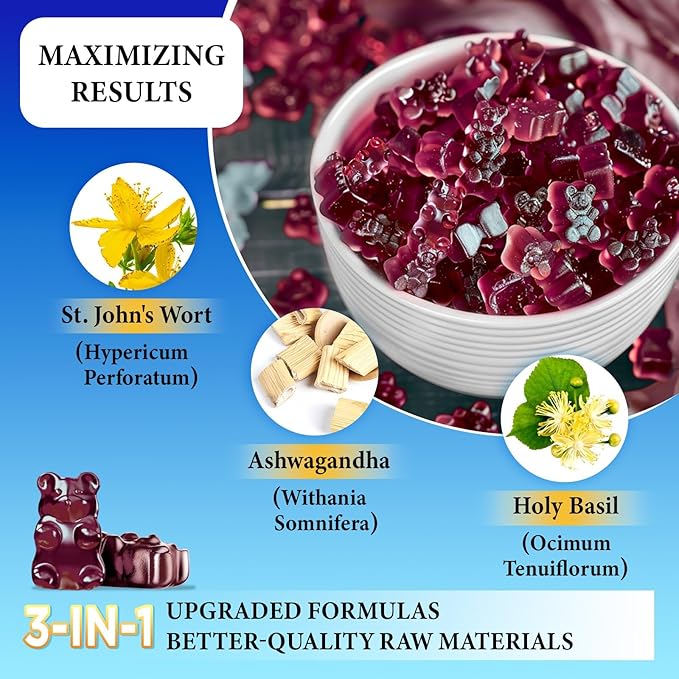 duwhot St John's Wort Gummies 600mg, 3 in 1 Organic Herbal Supplements for Stress Relief, Nervous System Support, with Ashwagandha & Holy Basil Extract for Adults & Kids, Non-GMO, Vegan, 120 ct.
