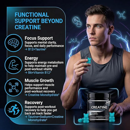 Creatine for Men, 5000MG Creatine Monohydrate Gummies for Men, Workout Support, 5g per Serving, Taurine + Vitamins B6 & B12, Blueberry Flavor, 120 Gummies (30 Servings)