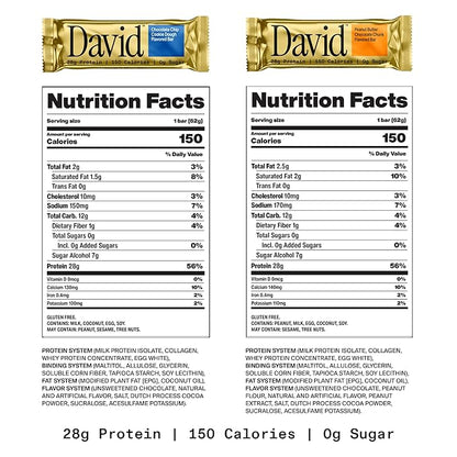 David Protein Bar, Chocolate Chip Cookie Dough and Peanut Butter Chocolate Chunk - 28g of Protein, 150 Calories, 0g of Sugar - High Protein, Low Carb, Gluten Free Protein Bar, Pack of 24