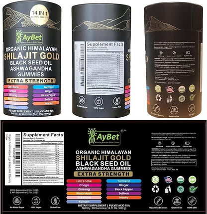 Organic Himalayan Shilajit Gold Gummies for Men and Women, Black Seed Oil, Ashwagandha, Ginseng, Turmeric, Gokshura, Lion's None, Lab Tested,%75 Fulvic Acid, No Sugar Added, Halal, 90Gummy