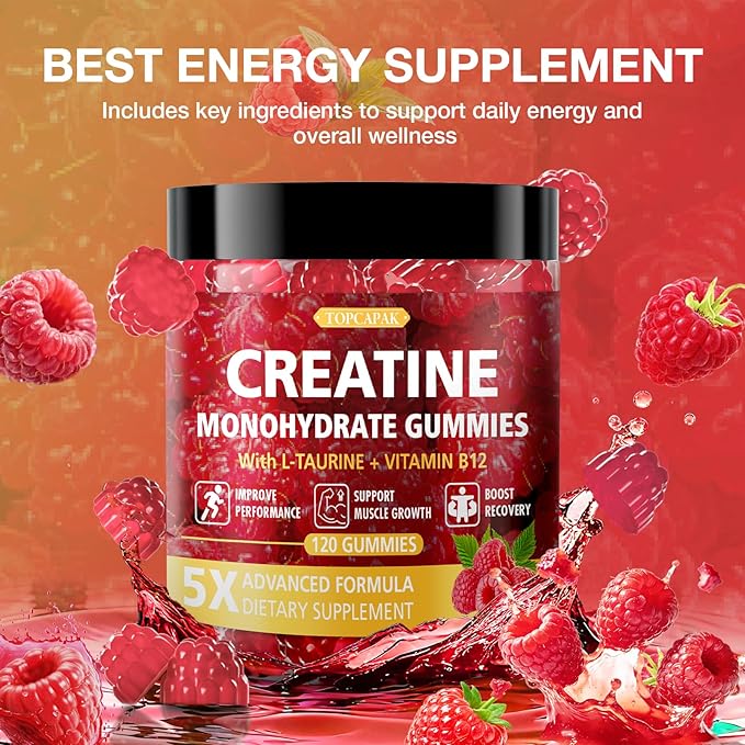 Creatine Gummies for Men & Women - Chewable Creatine Gummy with Taurine & Vitamin B12, 5g Creatine Monohydrate per Serving, 120 Gummies - Raspberry Flavor, Raspberry-Shaped