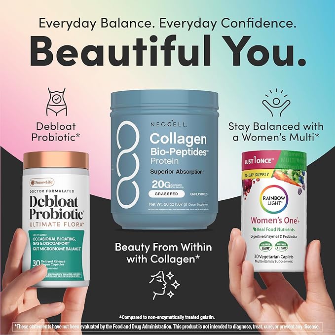 NeoCell Women’s Debloat Beauty & Balance Bundle | 3-in-1 Bundle Pack Collagen Bio-Peptides Protein | Debloat Probiotic | Women’s One + Multivitamin