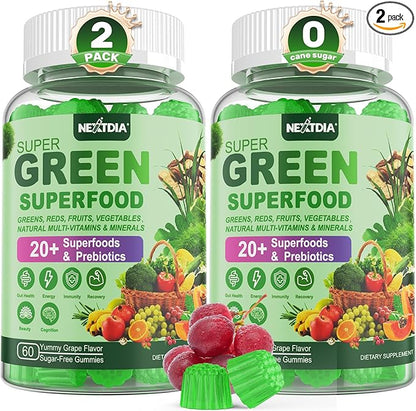 Super Greens Multivitamin Gummies, Daily Greens Superfood Gummies w/Spirulina, Chlorella, Multivitamins, Prebiotic Fiber, Adaptogens, Support Digestive & Gut Health, Immunity, Focus & Energy, 120Cts