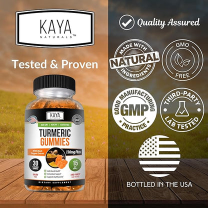 Kaya Naturals Turmeric Supplements Gummies - Pure Nature Turmeric Curcumin -Turmeric Ginger Gummies - 30 Count Gummy - Turmeric with Black Pepper Extract