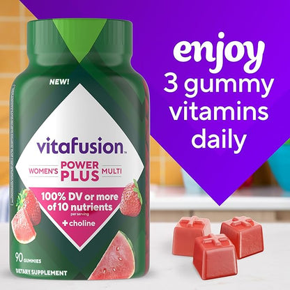 vitafusion Power Plus Women’s Multivitamin Gummies, 100% Daily Value or More of 10 Nutrients, Helps Support Nerve, Energy Metabolism, Bone & Immune Health, Strawberry & Watermelon Flavor, 90 Count