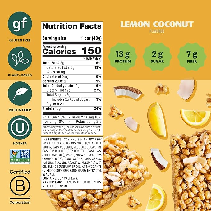 Simply Protein - Lemon Coconut Crispy Bars - Plant Based Protein Bars - Low Carb, Low Sugar, High Fiber - 13g Protein, 2g Sugar, 7g Fiber - Vegan, Gluten Free, Non GMO, Kosher - 8 Bars