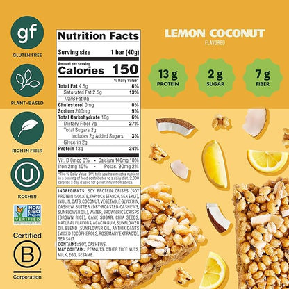 Simply Protein - Lemon Coconut Crispy Bars - Plant Based Protein Bars - Low Carb, Low Sugar, High Fiber - 13g Protein, 2g Sugar, 7g Fiber - Vegan, Gluten Free, Non GMO, Kosher - 8 Bars