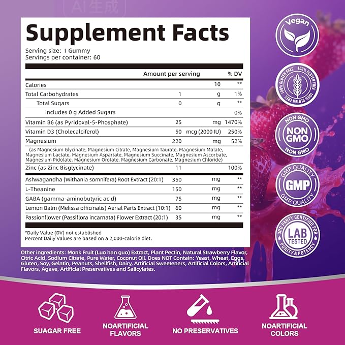 Migcopat Magnesium Complex Gummies, 20 in 1 Magnesium Gummy with Glycinate Citrate Malate Taurate - Ashwagandha, L-Theanine, D3&Zinc for Relaxation, Sleep, Muscle&Heart Support, Strawberry, 60 Cts