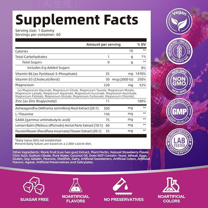 Migcopat Magnesium Complex Gummies, 20 in 1 Magnesium Gummy with Glycinate Citrate Malate Taurate - Ashwagandha, L-Theanine, D3&Zinc for Relaxation, Sleep, Muscle&Heart Support, Strawberry, 60 Cts