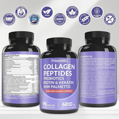 27-in-1 Hair Skin and Nails Vitamins (6810mg) with Biotin 10000mcg - Collagen Supplements for Men and Women - Keratin Supplements with Probiotics and Saw Palmetto, 90ct
