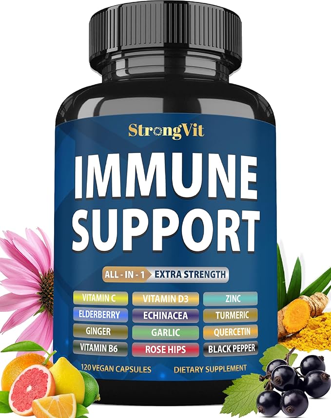 Immune Support Supplement 12 in 1 Complex with Vitamin C, D3, Zinc, Echinacea, Elderberry, Ginger, Turmeric. Immune Defend for Men & Women, Non-GMO, Gluten-Free, Vegan, USA (120 Capsules)