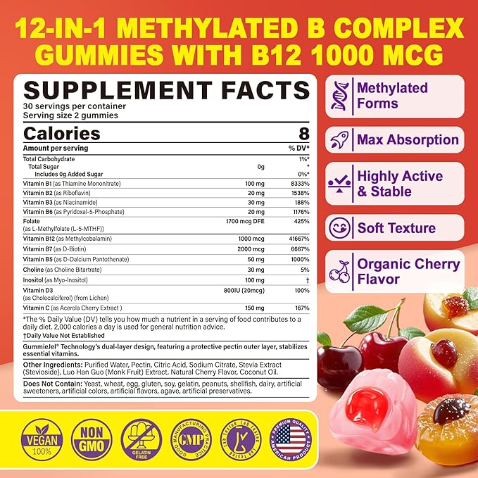 Methylated B Complex Vitamins Gummies, 12-in-1 Formula + Methyl B12 1000 mcg, 5-MTHF Methylfolate, Inositol, Choline, Vitamin C, D3, Multivitamin B Complex for Women & Men, Energy, Focus, 60cts