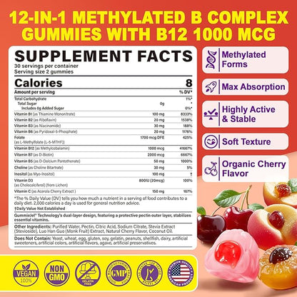 Methylated B Complex Vitamins Gummies, 12-in-1 Formula + Methyl B12 1000 mcg, 5-MTHF Methylfolate, Inositol, Choline, Vitamin C, D3, Multivitamin B Complex for Women & Men, Energy, Focus, 60cts