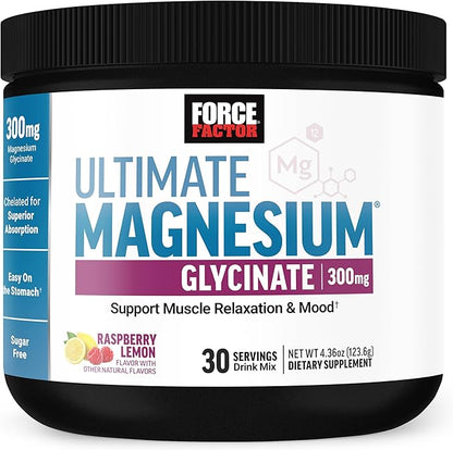 Force Factor Ultimate Magnesium Glycinate Powder 300mg, Support Relaxation & Mood, Promote Bone Health, Chelated Magnesium Bisglycinate, High Absorption, Raspberry Lemon, 30 Servings