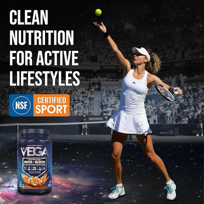 Vega Sport Vegan Protein Powder + Recovery - 30g Plant Based Protein per Serving, Peanut Butter, 19 Servings, 5g BCAAs, Probiotics, NSF Certified, for Shakes & Smoothies, 1.8lbs (Packaging May Vary)