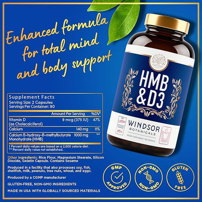 HMB and Vitamin D3 Supplement - Muscle Growth, Strength, Performance and Recovery Support - B-Hydroxy B-Methylbutyrate, D3 Plus Calcium, 1,000 MG HMB Supplements - 180 Days, 360 Capsules