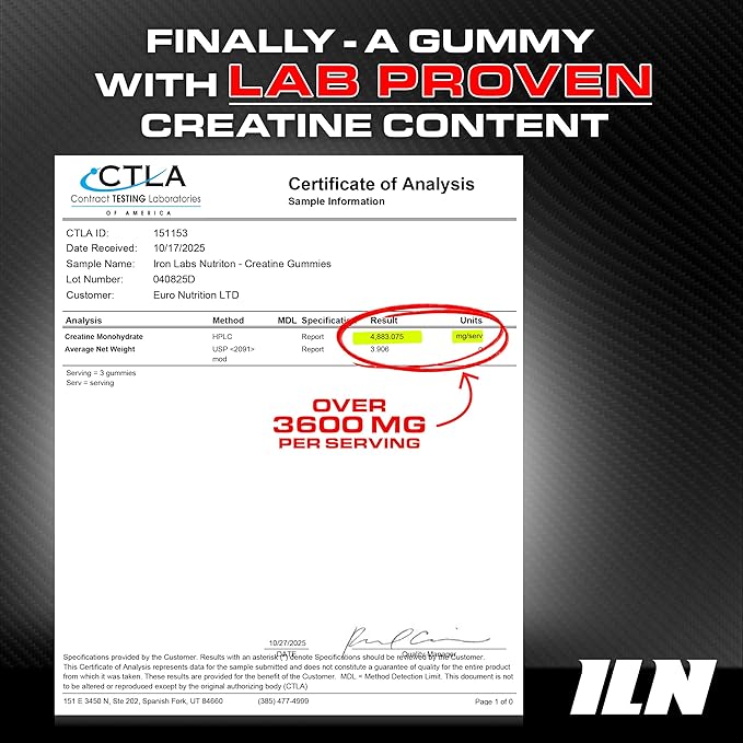 Iron Labs Nutrition Creatine Monohydrate Gummies (90 Gummy Bears) - 3600mg Per Serving - LAB Tested - Strawberry Flavor - High Strength Creatina for Men & Women (90 Vegan Gummys)