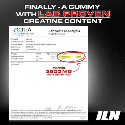 Iron Labs Nutrition Creatine Monohydrate Gummies (90 Gummy Bears) - 3600mg Per Serving - LAB Tested - Strawberry Flavor - High Strength Creatina for Men & Women (90 Vegan Gummys)
