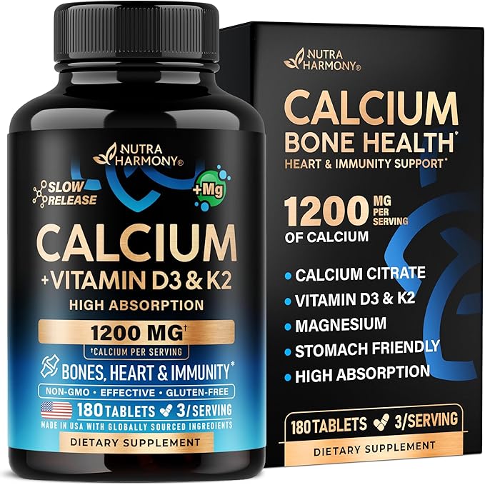 Calcium 1200 mg with Vitamin D3 - Calcium Citrate Supplements for Women & Men - Bone Health, Strength & Density - High Absorption & Slow Release - Lab Tested, Made in USA - 180 Tablets, 60 Days Supply