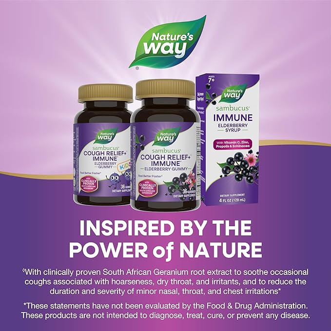 Nature's Way Sambucus Cough Relief +(1) Immune* Elderberry Gummy, Clinically Proven South African Geranium Root Extract(1), Elderberry Extract, Vitamin C & Zinc, 36 Gummies (Packaging May Vary)
