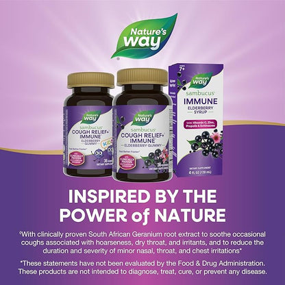 Nature's Way Sambucus Cough Relief +(1) Immune* Elderberry Gummy, Clinically Proven South African Geranium Root Extract(1), Elderberry Extract, Vitamin C & Zinc, 36 Gummies (Packaging May Vary)
