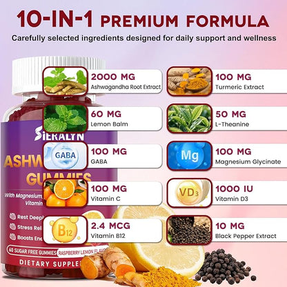 Ashwagandha Gummies 2000mg, Ashwagandha Supplements for Women Men with L-Theanine, GABA, Magnesium, Vitamins – Stress Relief, Immune & Mood Support, Sugar-Free, Vegan, Non-GMO, 120 Count