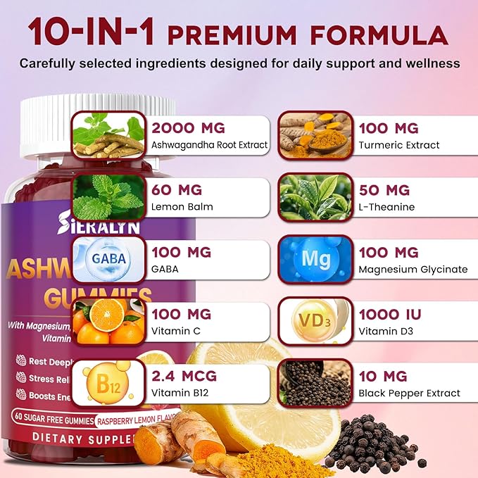 Ashwagandha Gummies 2000mg, Ashwagandha Supplements for Women Men with L-Theanine, GABA, Magnesium, Vitamins – Stress Relief, Immune & Mood Support, Sugar-Free, Vegan, Non-GMO, 60 Count