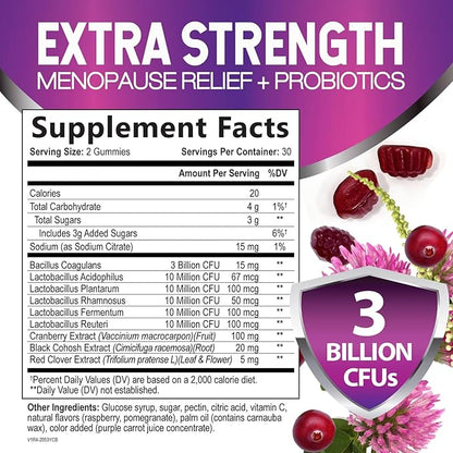 Menopause Supplement Gummies - 3 Billion CFU Per Serving Women's Probiotics - Advanced Menopause Relief Formula for Women with Black Cohosh - Mild Hot Flashes & Night Sweats Support - 60 Gummies
