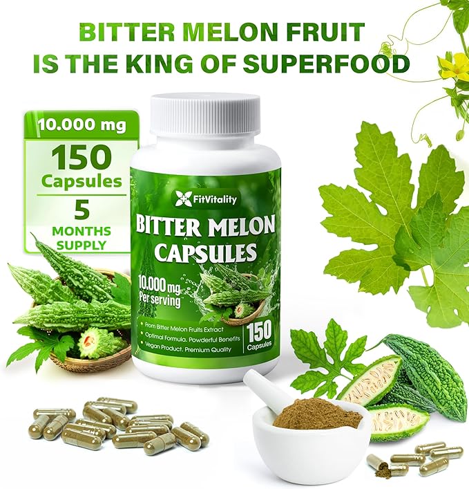 Bitter Melon Capsules| 150 Vegan Capsules| 150 Days Supply| 9,000mg per Serving| Bitter Melon Fruit 25:1 Extract| 100% Pure & Natural| Gluten-Free Supplement| Ultimate Concentrated