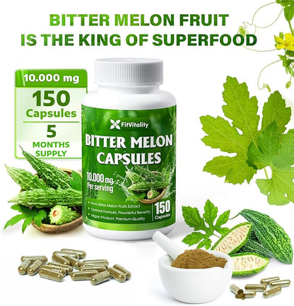 Bitter Melon Capsules| 150 Vegan Capsules| 150 Days Supply| 9,000mg per Serving| Bitter Melon Fruit 25:1 Extract| 100% Pure & Natural| Gluten-Free Supplement| Ultimate Concentrated