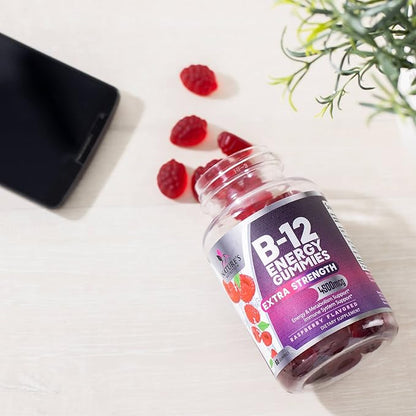 B12 Energy Gummies - 4500 mcg Vitamin B12 Per Serving - Extra Strength Chewable B12 Supplement for Energy, Metabolism & Immune Support - For Women, Men & Kids - Natural & Berry Flavored - 120 Gummies
