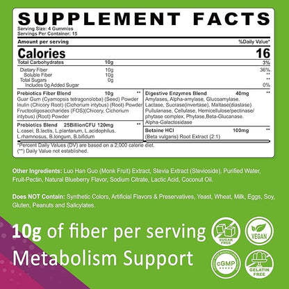 Fiber Gummies for Adults, Sugar Free 10g Prebiotic Fiber Supplement with Digestive Enzymes, Probiotics & 100mg Betaine for Digestive & Gut Health and Regulate Bowel Movement, Vegan, Gelatin Free, 60ct