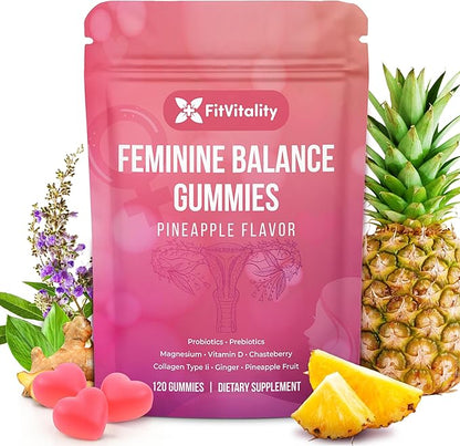 Premium 120 Feminine Balance Gummies – Probiotics, Collagen Type II, Chasteberry, Vitamin D & Magnesium – Gluten-Free, Pineapple Flavor, Vegan