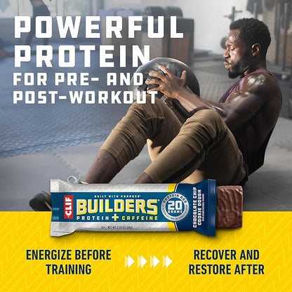 CLIF BUILDERS + Caffeine Protein Bars - Chocolate Chip Cookie Dough Flavor - 20g Plant Based Protein - Gluten Free - Non-GMO - Low Glycemic - No Artificial Sweeteners - 2.4 oz. (12 Pack)