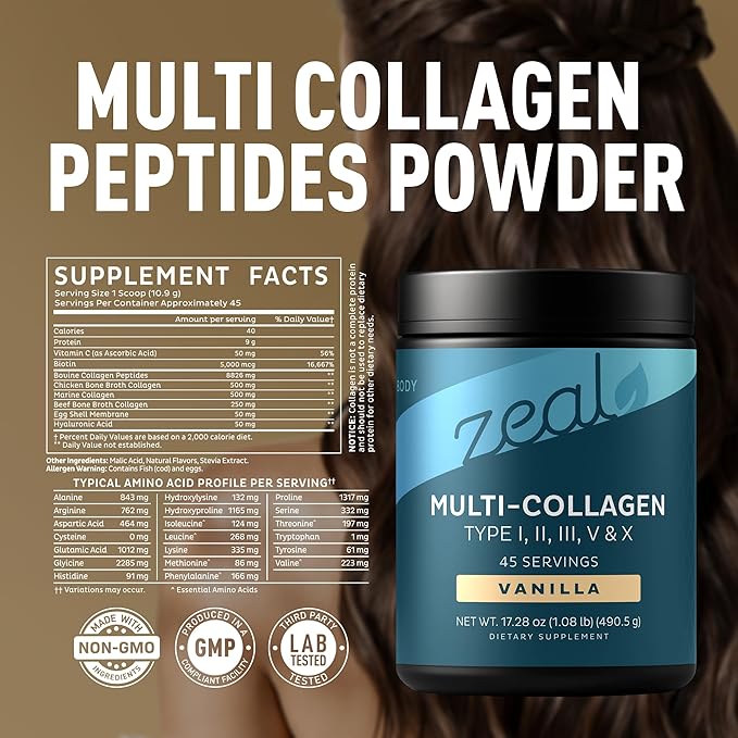 Zeal Naturals Multi Collagen Protein Peptides Powder Types I II III V X - Vitamin C, Biotin & Hyaluronic Acid - Hair, Skin & Nails - Marine, Bovine, Chicken & Eggshell - Vanilla, 45 Servings