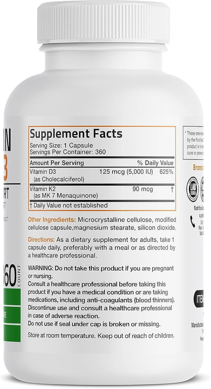 Bronson Vitamin K2 (MK7) with D3 Supplement Non-GMO Formula 5000 IU Vitamin D3 & 90 mcg K2 MK-7 Easy to Swallow D & K Complex, 360 Capsules