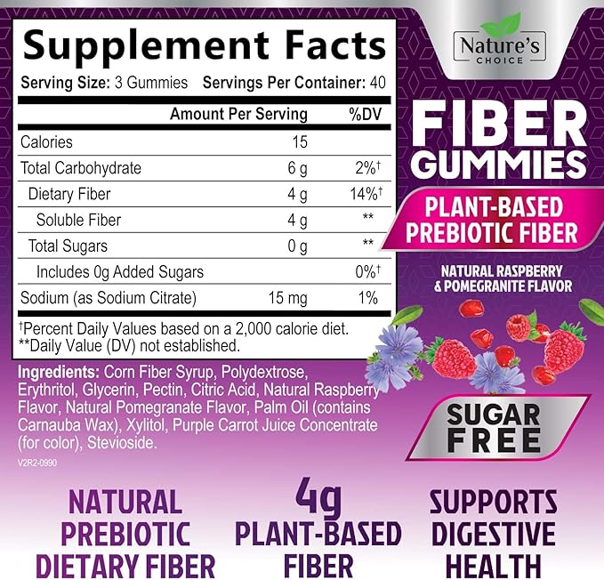 Fiber Gummies 4g Per Serving - Sugar Free Fiber Gummy Supplement for Adults, Daily Prebiotic Gummy Digestive Support - Plant Based Chews, Prebiotics Supports Regularity & Digestion - 120 Gummies
