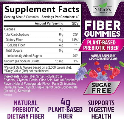 Fiber Gummies 4g Per Serving - Sugar Free Fiber Gummy Supplement for Adults, Daily Prebiotic Gummy Digestive Support - Plant Based Chews, Prebiotics Supports Regularity & Digestion - 120 Gummies
