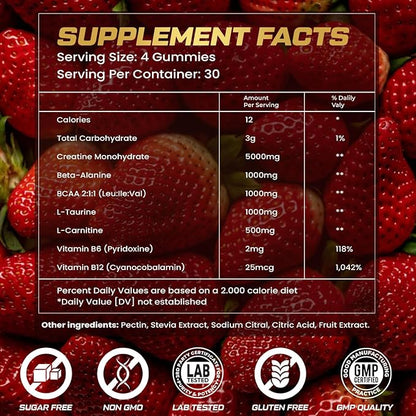 Creatine Monohydrate Gummies for Men & Women, 9000MG Creatine Gummies Sugar Free with L-Taurine, BCAA 2:1, B12 B6 for Boost Strength, Focus & Endurance, Vegan, Non-GMO, Strawberry, 120pcs