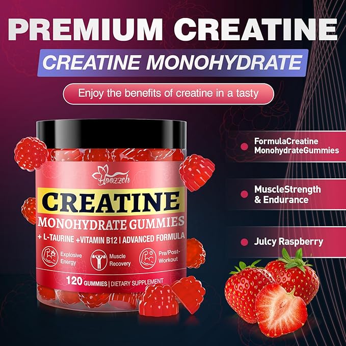 Creatine Gummies for Women & Men Low Sugar Creatine Supplements, Help Build Muscle Creatine Monohydrate Gummies Raspberry Flavor Supports Muscle Growth and Enhances Strength 120 Count