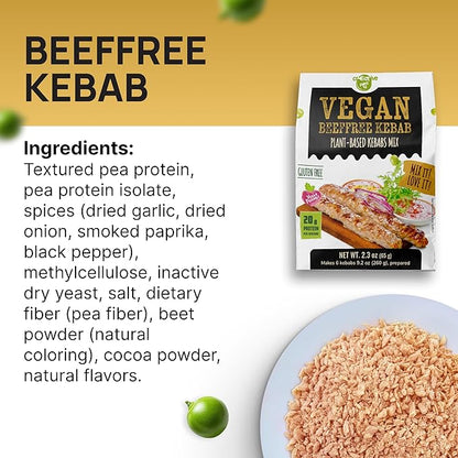 Creative Pea Beeffree Kebab Mix 4-Pack | Plant-Based Skewers | High-Protein Shelf-Stable Pea Protein | Just Add Water & Oil | Quick Vegan Meal Kit | Gluten-Free | 4 x 65g